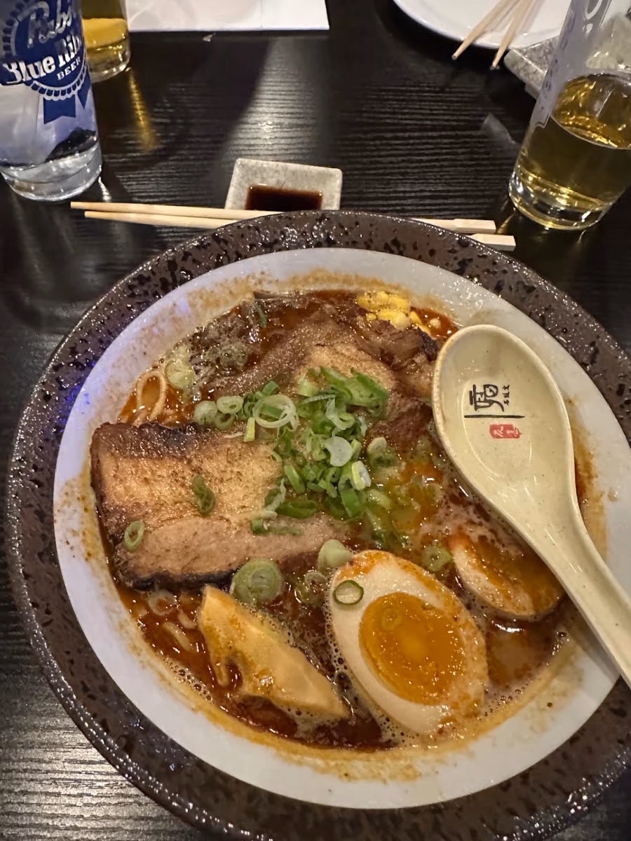 Pork ramen with a soft egg and scallions